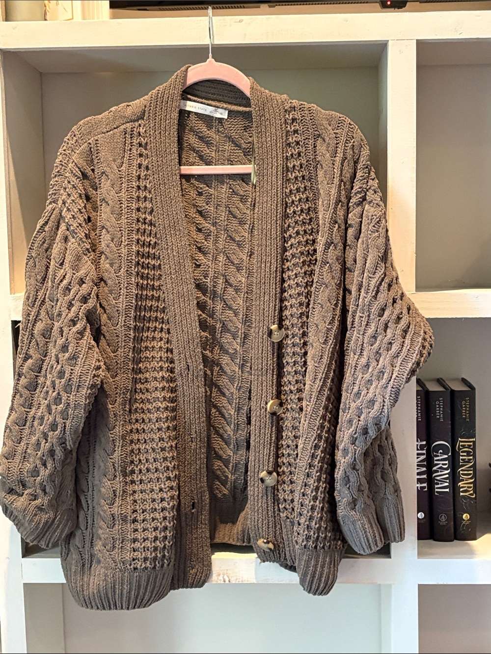 Altar'd State Taupe Cable-Knit Button Cardigan